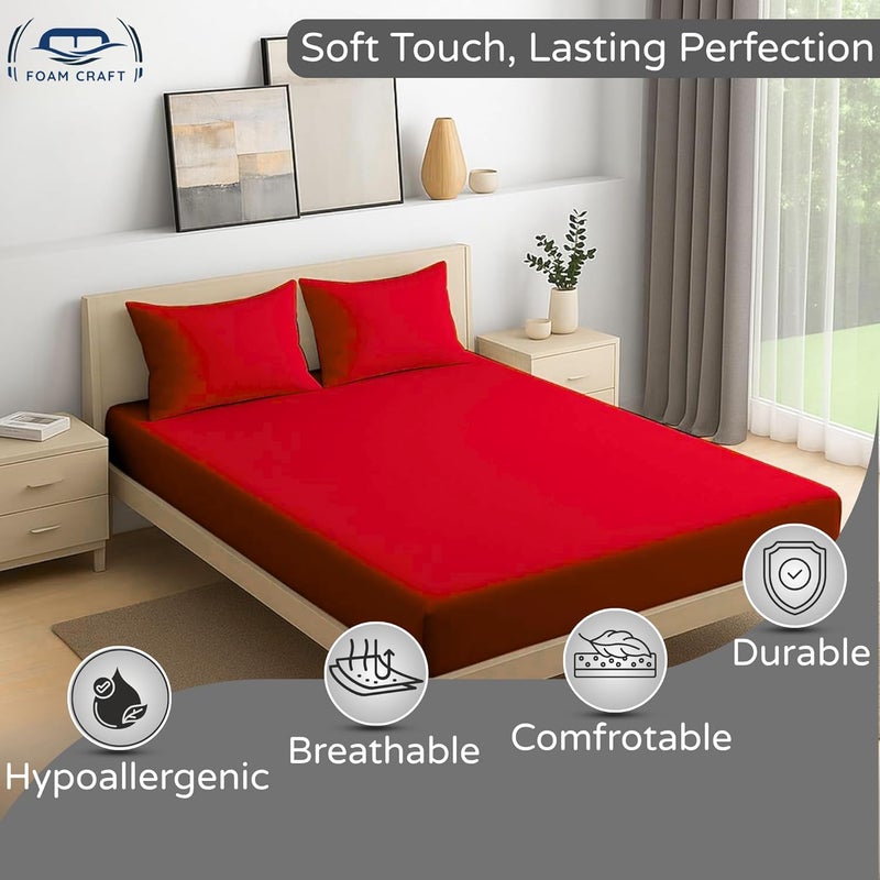 FOAM CRAFT 3 Piece Fitted Sheet Set - Queen Size Fitted Bed Sheet & 2 Pillow Shams - 100% Cotton - 300TC Hotel Quality - Red - Image 3
