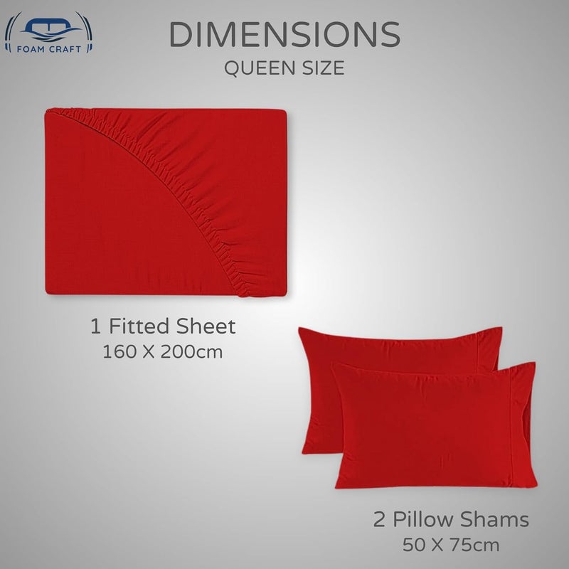 FOAM CRAFT 3 Piece Fitted Sheet Set - Queen Size Fitted Bed Sheet & 2 Pillow Shams - 100% Cotton - 300TC Hotel Quality - Red - Image 2