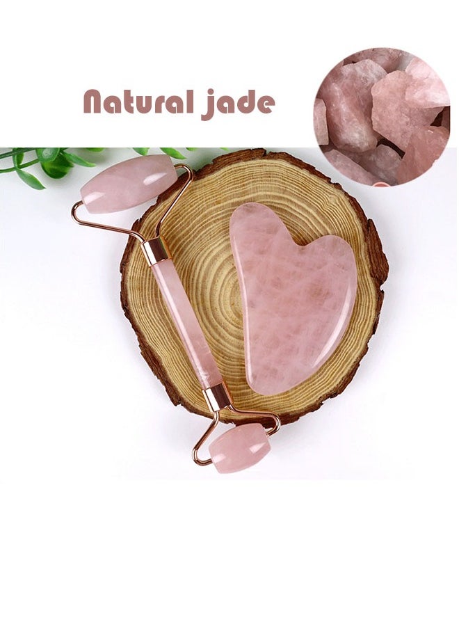 Generic - 2PCS Rose Quartz Jade Roller and Gua Sha Set – Face Massager and Eye Roller Tool for Wrinkle Reduction, Skin Firming, and Relaxation (Pink/Gold) - Image 1