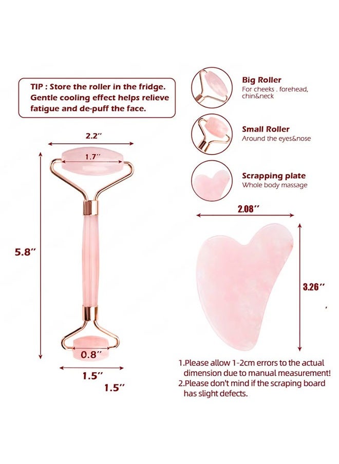Generic - 2PCS Rose Quartz Jade Roller and Gua Sha Set – Face Massager and Eye Roller Tool for Wrinkle Reduction, Skin Firming, and Relaxation (Pink/Gold) - Image 1