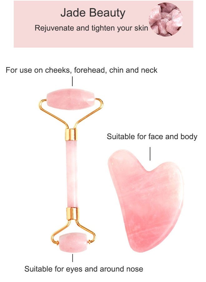 Generic - 2PCS Rose Quartz Jade Roller and Gua Sha Set – Face Massager and Eye Roller Tool for Wrinkle Reduction, Skin Firming, and Relaxation (Pink/Gold) - Image 1