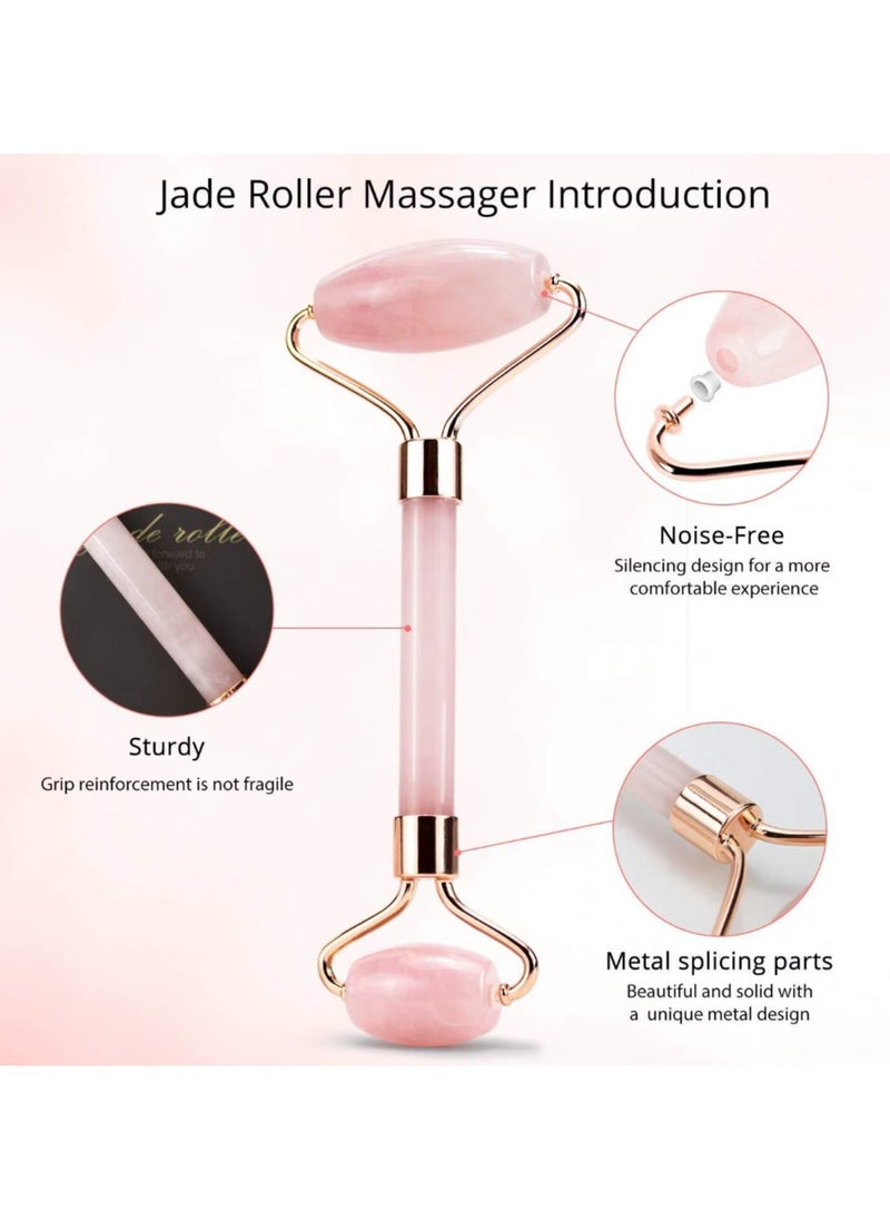 Generic - 2PCS Rose Quartz Jade Roller and Gua Sha Set – Face Massager and Eye Roller Tool for Wrinkle Reduction, Skin Firming, and Relaxation (Pink/Gold) - Image 1