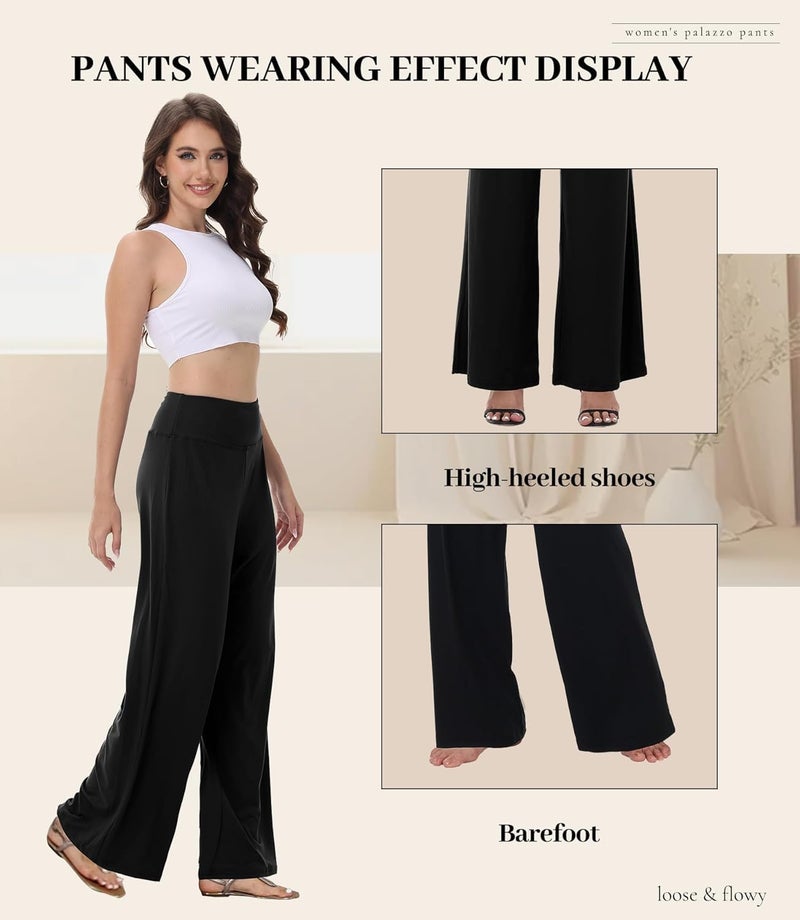 ZOOSIXX Wide Leg Palazzo Pants for Women - High Waist Casual Beach Lounge Pants Loose Dress Pants Stretchy Trousers - Image 3