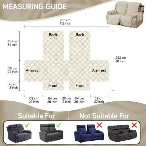 HOKIPO 'UrbanQuilt' Recliner Sofa Slipcover Mat for 2 Seater | 1-Piece Design & Dual Belt Protection to Avoid Slipping of Cover, Cream (AR-6070-M6) - Image 2