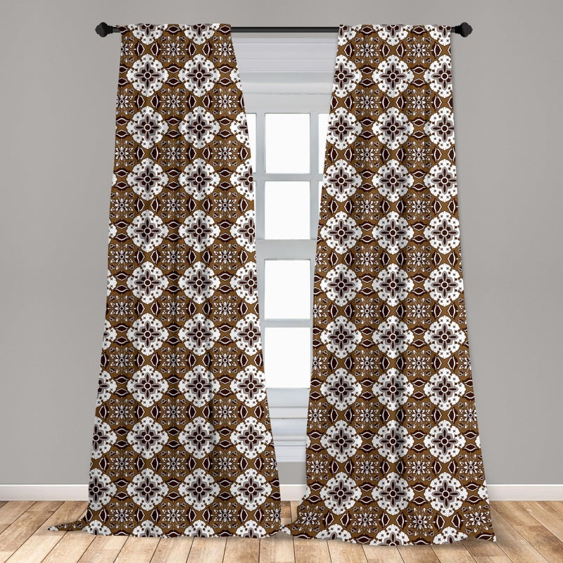 Ambesonne Chocolate Curtains  Brown Toned Ancestral Batik Pattern with Floral Indonesian Motifs  Window Treatments 2 Panel Set for Living Room Bedroom  Pair of - 28"" x 84""  Brown White - Image 3