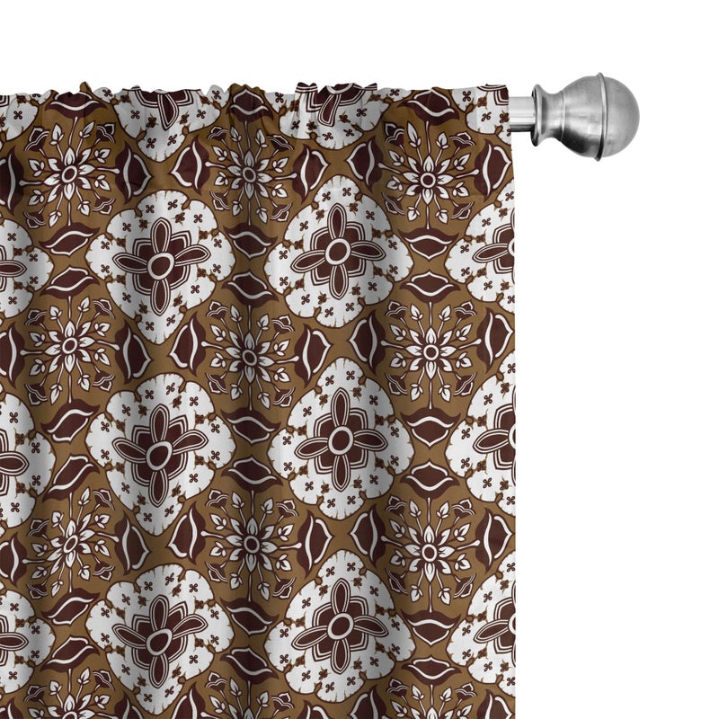 Ambesonne Chocolate Curtains  Brown Toned Ancestral Batik Pattern with Floral Indonesian Motifs  Window Treatments 2 Panel Set for Living Room Bedroom  Pair of - 28"" x 84""  Brown White - Image 1