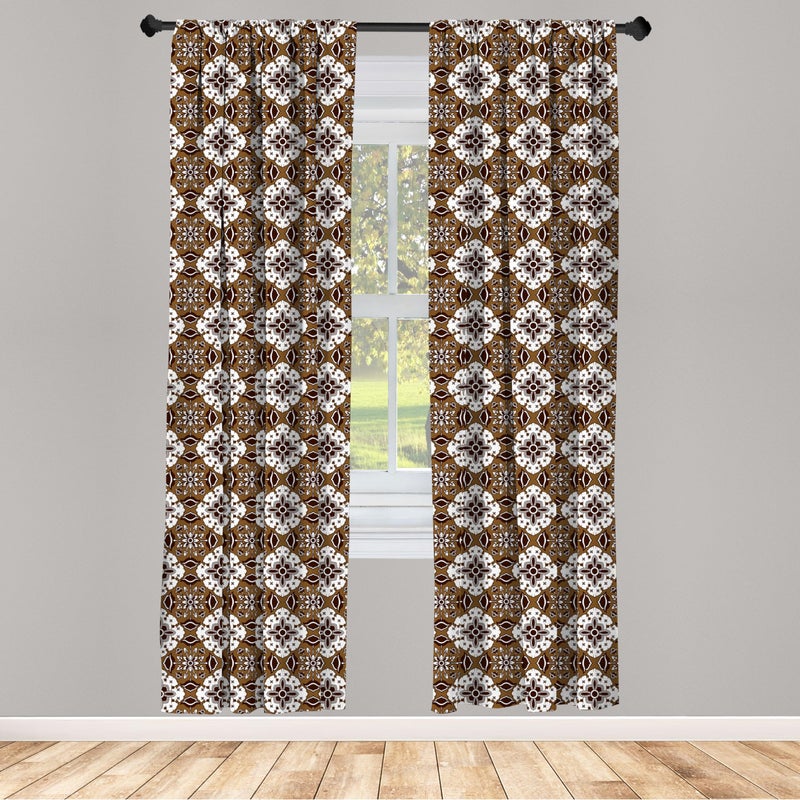 Ambesonne Chocolate Curtains  Brown Toned Ancestral Batik Pattern with Floral Indonesian Motifs  Window Treatments 2 Panel Set for Living Room Bedroom  Pair of - 28"" x 84""  Brown White - Image 2