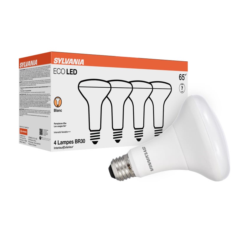 LEDVANCE Sylvania ECO LED BR30 Light Bulb, 65W = 9W, Dimmable, Frosted Finish, 650 Lumens, 3000K, Neutral White - 4 Pack (41101) - Image 1