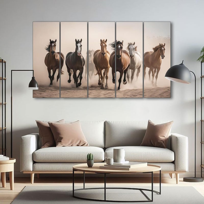 Ars 7 Horses Running Vastu Frame Painting Set Of 5 Big Size Wall Art
