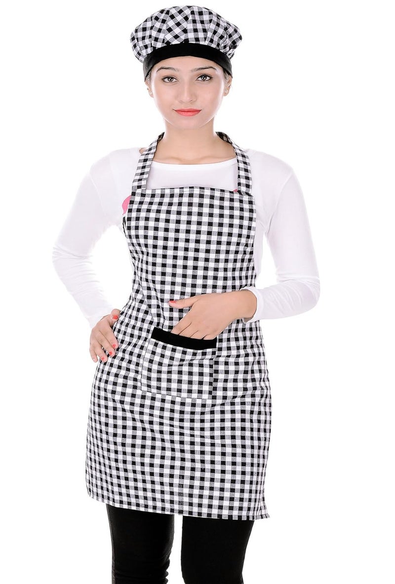Switchon Switchon Cotton Kitchen Apron with Cap Black and White Free Size Proudly Made In India