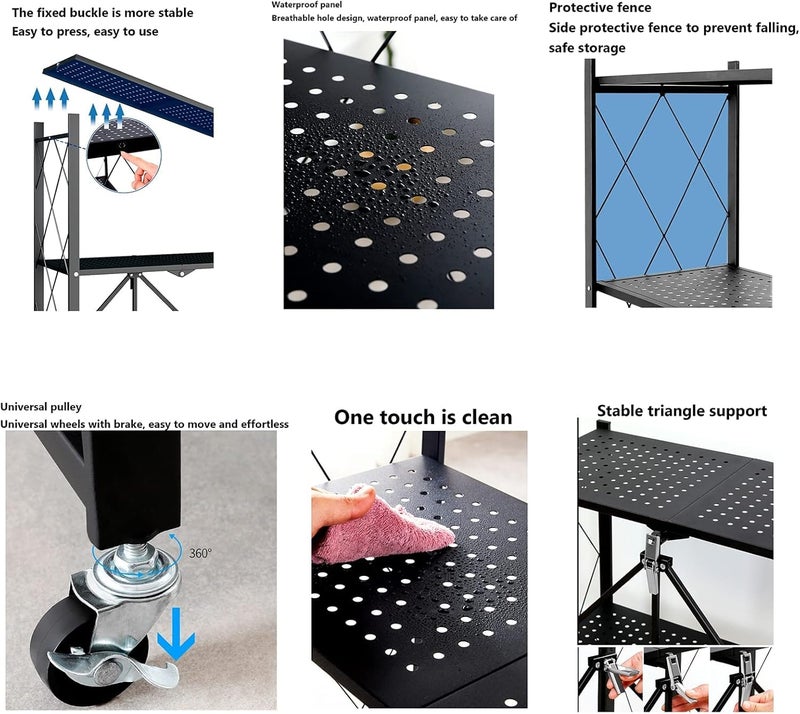VDHJA طاولة ميكروويف معدنية قابلة للطي على عجلات مع رف تخزين معدني 3 طبقات للطهي باللون الأسود - Image 3