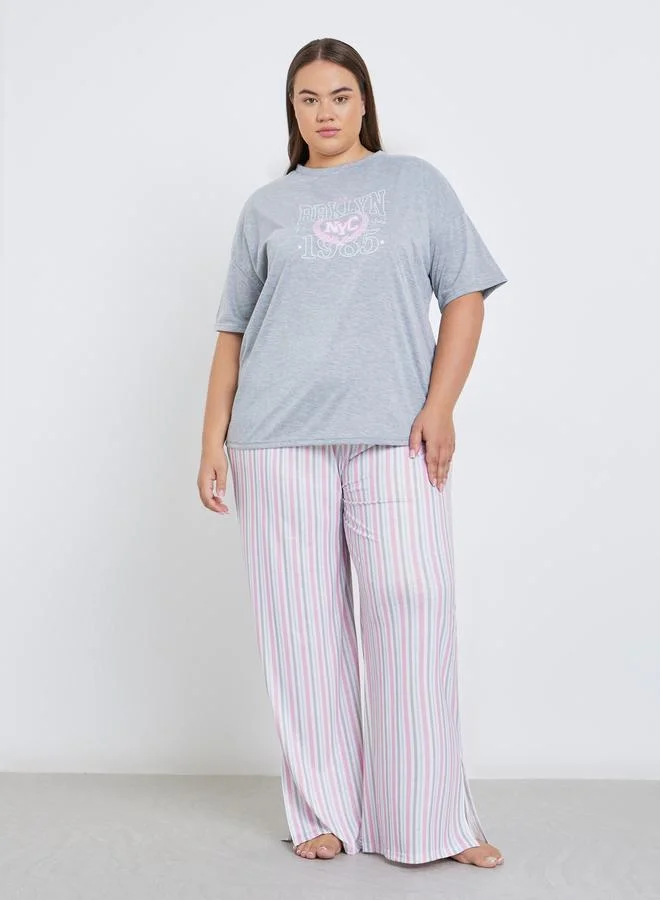 Styli Styli Plus NYC Graphic T-Shirt and Striped Pyjama Set