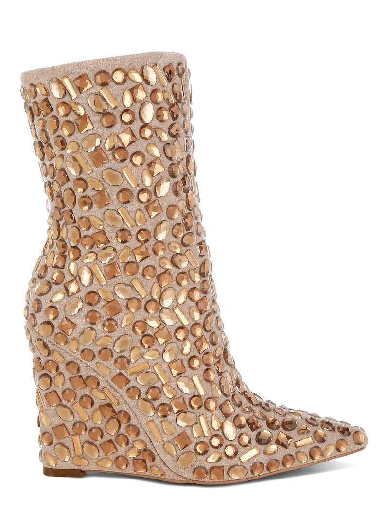 London Rag Diamante Slim Wedge Heel Boots in Beige - Image 1