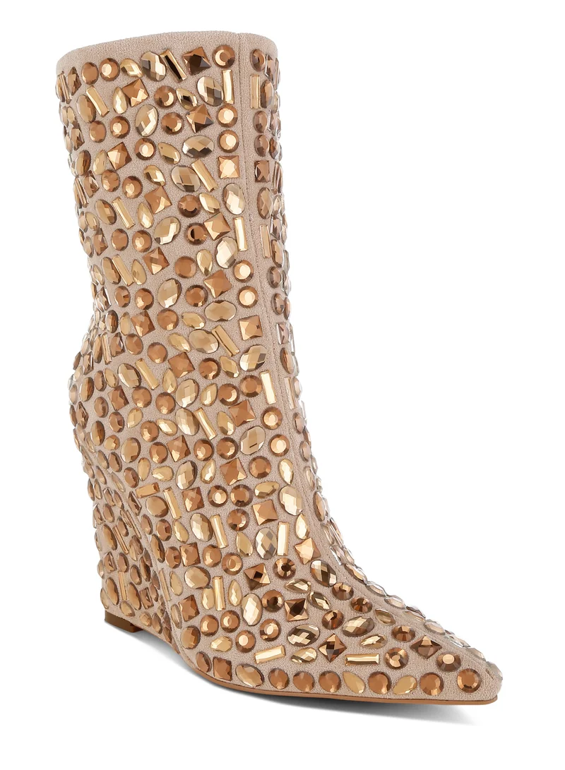 London Rag Diamante Slim Wedge Heel Boots in Beige