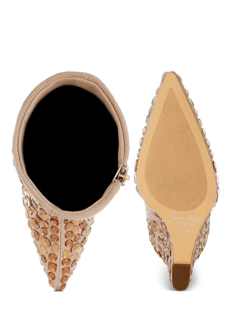 London Rag Diamante Slim Wedge Heel Boots in Beige