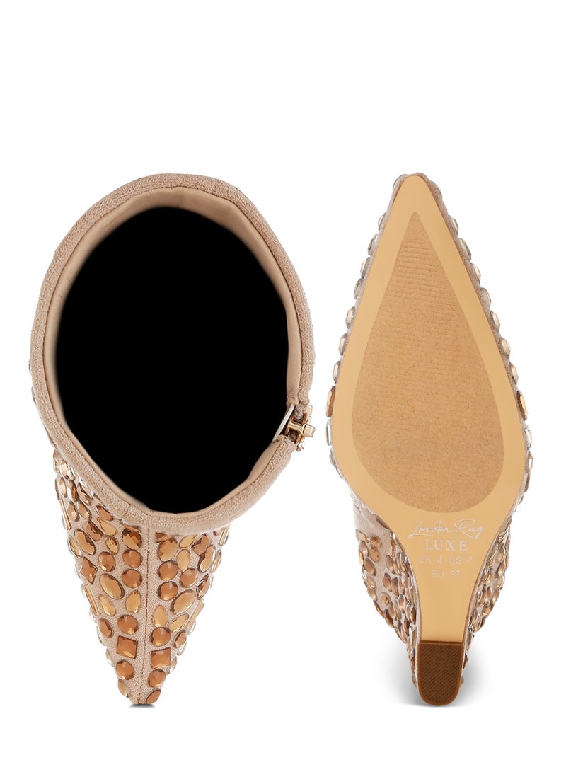 London Rag Diamante Slim Wedge Heel Boots in Beige - Image 4
