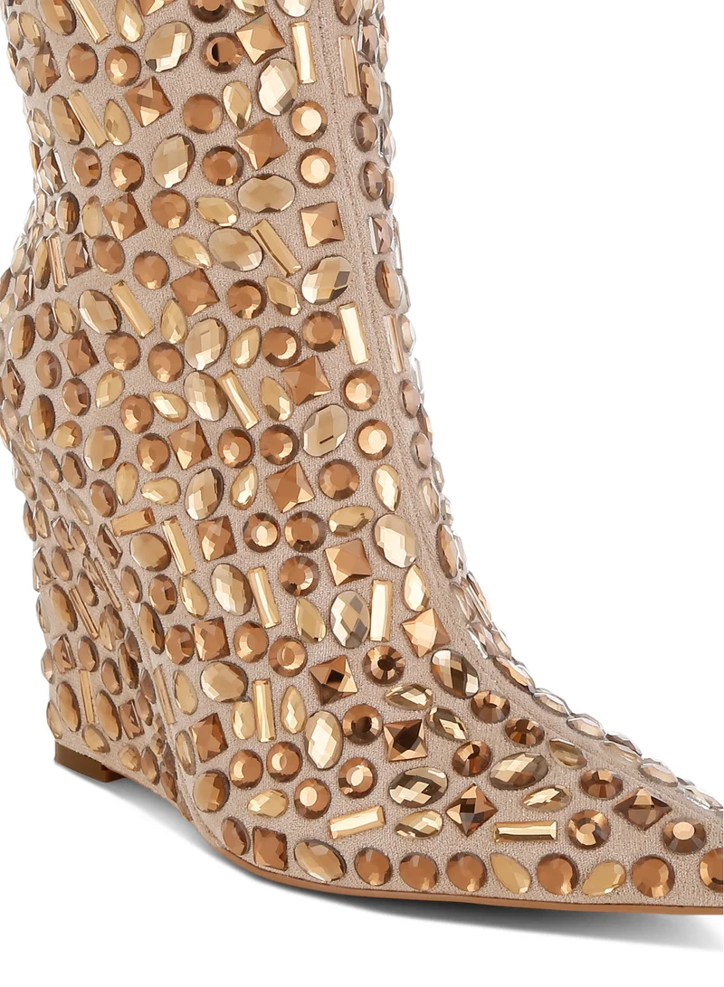 London Rag Diamante Slim Wedge Heel Boots in Beige