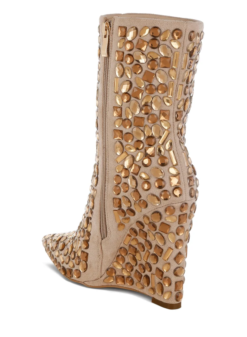 London Rag Diamante Slim Wedge Heel Boots in Beige
