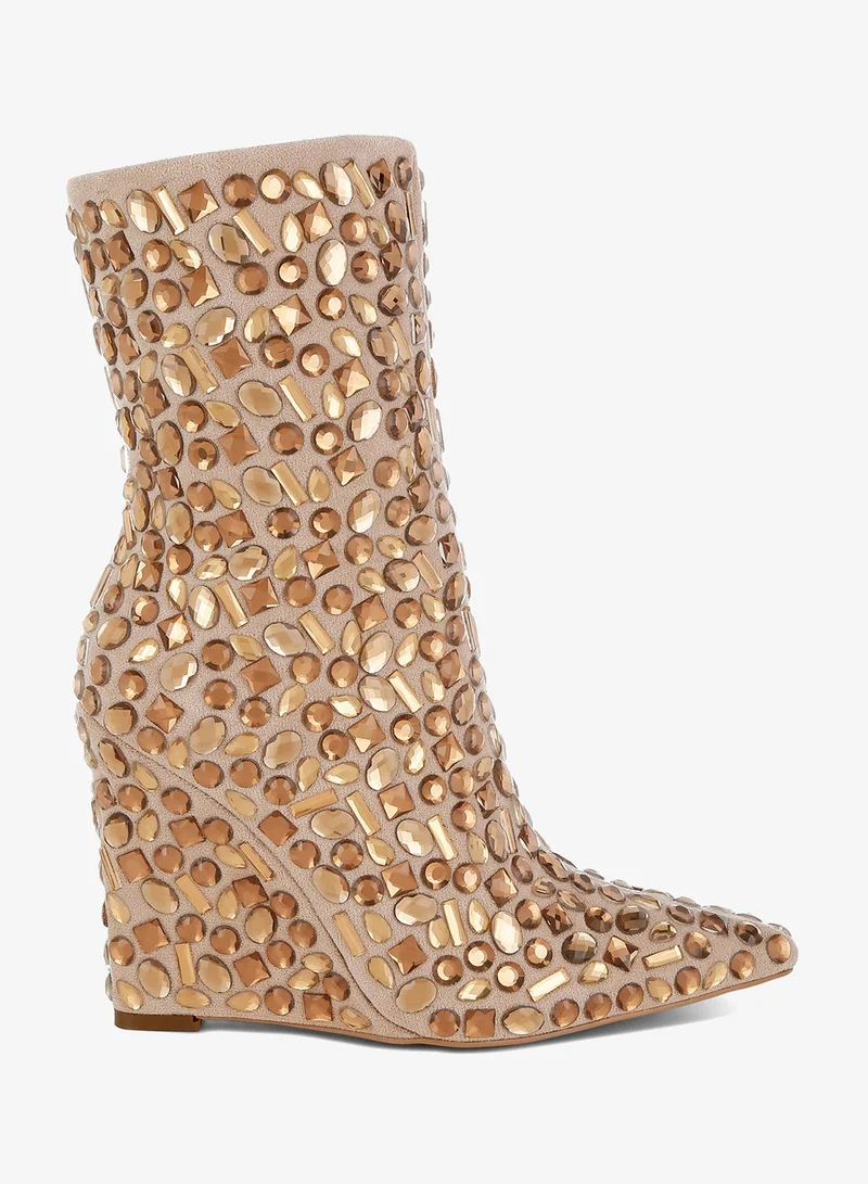 Diamante Slim Wedge Heel Boots in Beige