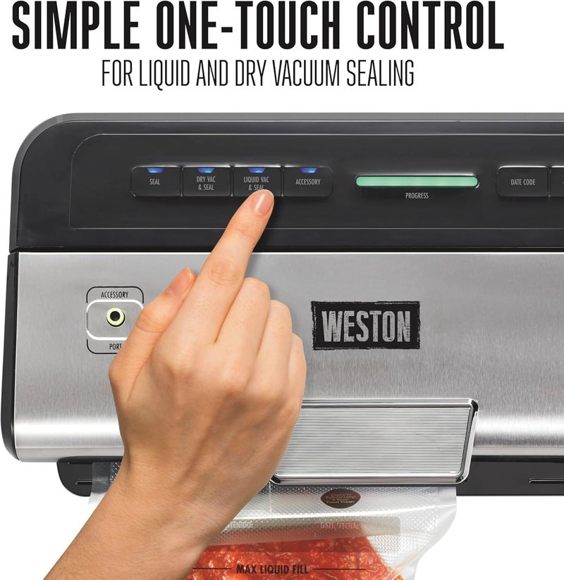 Weston WESTON BRANDS Liquid  Dry Vacuum Sealer Machine With Date Code Stamp BuiltIn Cutter Pulse Button Includes 2 Rolls  6 EasyFill Bags Black 651641W  - Image 3