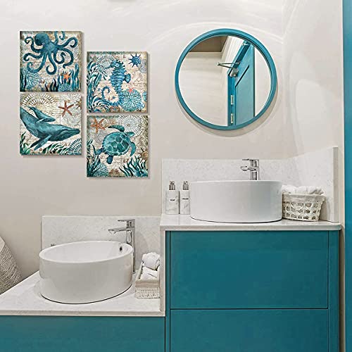 YOOOAHU Bathroom Wall Art Beach Decor Ocean Sea Turtle Octopus Canvas Pictures Coastal Room Decor Teal Bathroom Accessories Vintage Whale Seahorse Poster Modern Nautical Painting Bedroom Home Decorations - Image 3