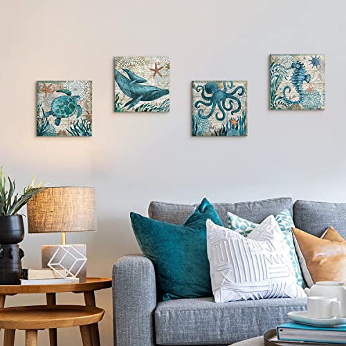 YOOOAHU Bathroom Wall Art Beach Decor Ocean Sea Turtle Octopus Canvas Pictures Coastal Room Decor Teal Bathroom Accessories Vintage Whale Seahorse Poster Modern Nautical Painting Bedroom Home Decorations - Image 4