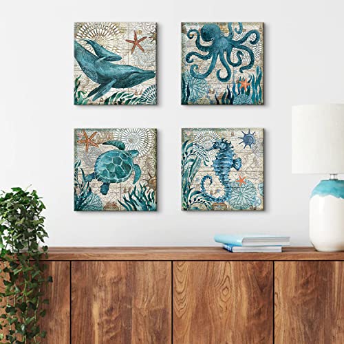YOOOAHU Bathroom Wall Art Beach Decor Ocean Sea Turtle Octopus Canvas Pictures Coastal Room Decor Teal Bathroom Accessories Vintage Whale Seahorse Poster Modern Nautical Painting Bedroom Home Decorations - Image 2