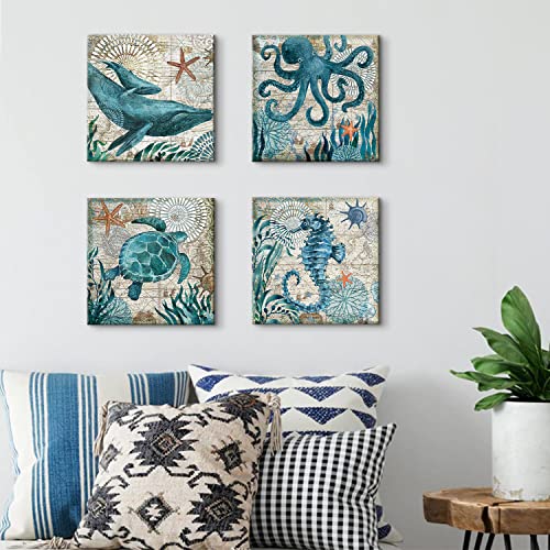 YOOOAHU Bathroom Wall Art Beach Decor Ocean Sea Turtle Octopus Canvas Pictures Coastal Room Decor Teal Bathroom Accessories Vintage Whale Seahorse Poster Modern Nautical Painting Bedroom Home Decorations - Image 5