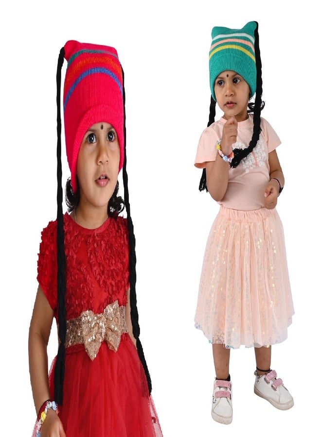 Queen Style Kids Choti Style Patta Woolen Caps for Girls Age 0-2 Years (in, Age, 1 Years, 2 Years, Standard, Pink & Lgrn) - Image 1