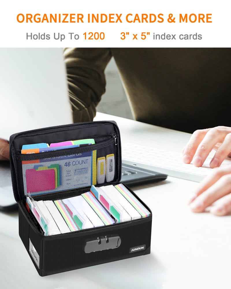 JUNDUN Index Card Holder with Lock,Collapsible Fireproof Index Card Box fits 1200 3x5-Inch Flash Cards - Business, Recipe, or Note Card Storage Boxes - Black - Image 3