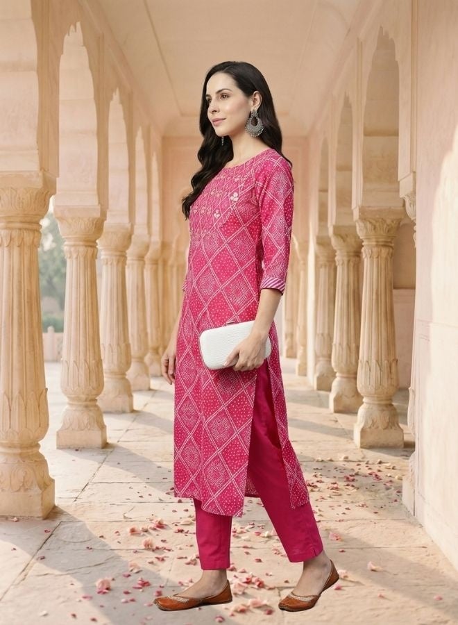Yuris Women Pink Ethnic Motifs Yoke Design Regular Gotta Patti Pure Cotton Kurta with Trousers  With - Image 3