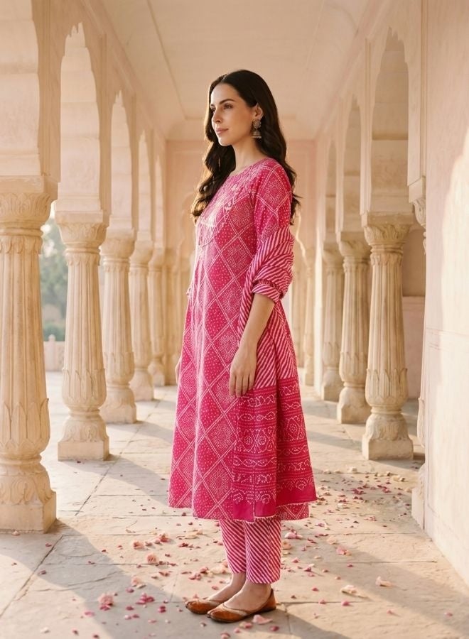 Yuris Women Pink Ethnic Motifs Yoke Design Regular Gotta Patti Pure Cotton Kurta with Trousers  With - Image 4