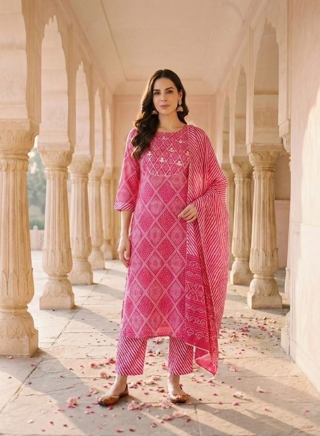 Yuris Women Pink Ethnic Motifs Yoke Design Regular Gotta Patti Pure Cotton Kurta with Trousers  With - Image 1