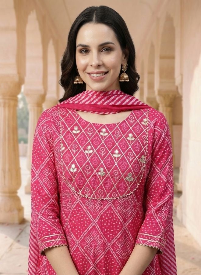 Yuris Women Pink Ethnic Motifs Yoke Design Regular Gotta Patti Pure Cotton Kurta with Trousers  With - Image 2