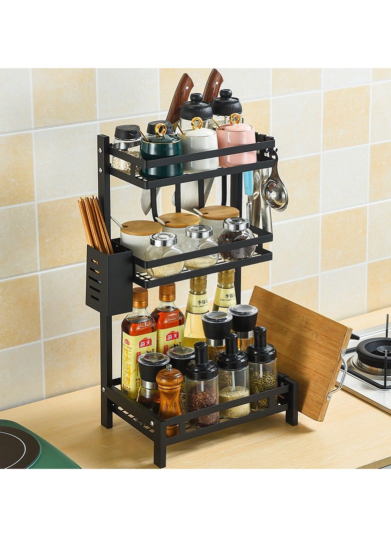 ميكسد رف رف توابل منظم مطبخ 3 طبقات، رف تخزين معدني كبير فوق سطح العمل مع خطافات، صينية حامل أدوات سكين التوابل قائمة، رف زاوية مضاد للانزلاق للمطبخ في المنزل - Image 3