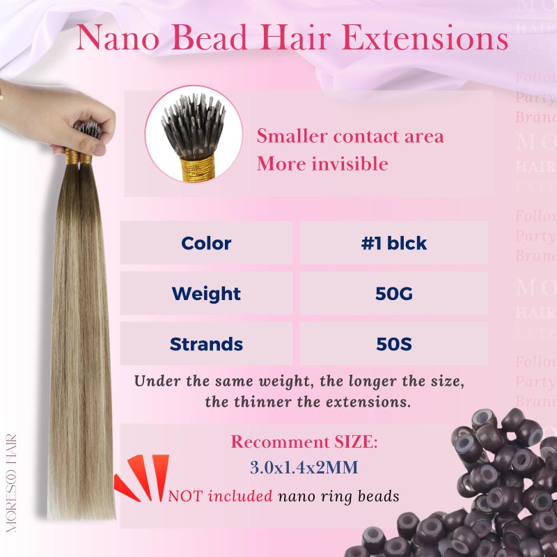 Moresoo Nano Ring Hair Extensions Human Hair Balayage Dark Brown to Light Brown with Ash Blonde Nano Bead Hair Extensions 18Inch Long Striaght 50G/50S - Image 3