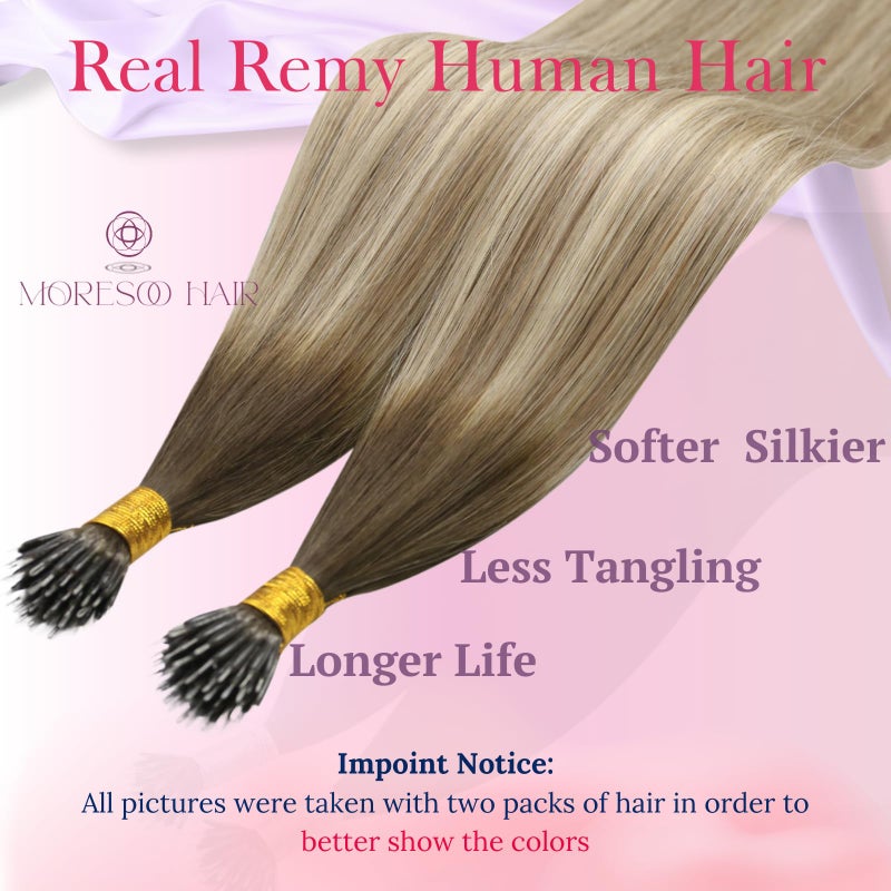 Moresoo Nano Ring Hair Extensions Human Hair Balayage Dark Brown to Light Brown with Ash Blonde Nano Bead Hair Extensions 18Inch Long Striaght 50G/50S - Image 2