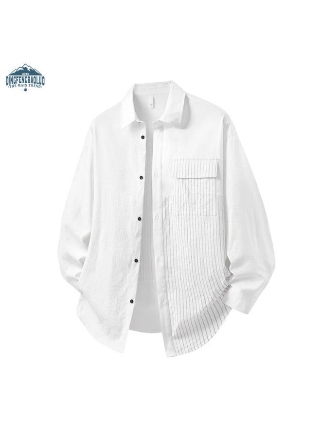 Dingfengbaoluo Striped Long Sleeve Shirt Men Autumn Designer Trendy Cardigan Patchwork Loose Casual Top Xmc47 Black 3XL - Image 3