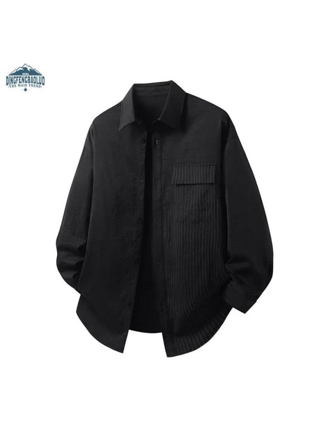 Dingfengbaoluo Striped Long Sleeve Shirt Men Autumn Designer Trendy Cardigan Patchwork Loose Casual Top Xmc47 Black 3XL - Image 1