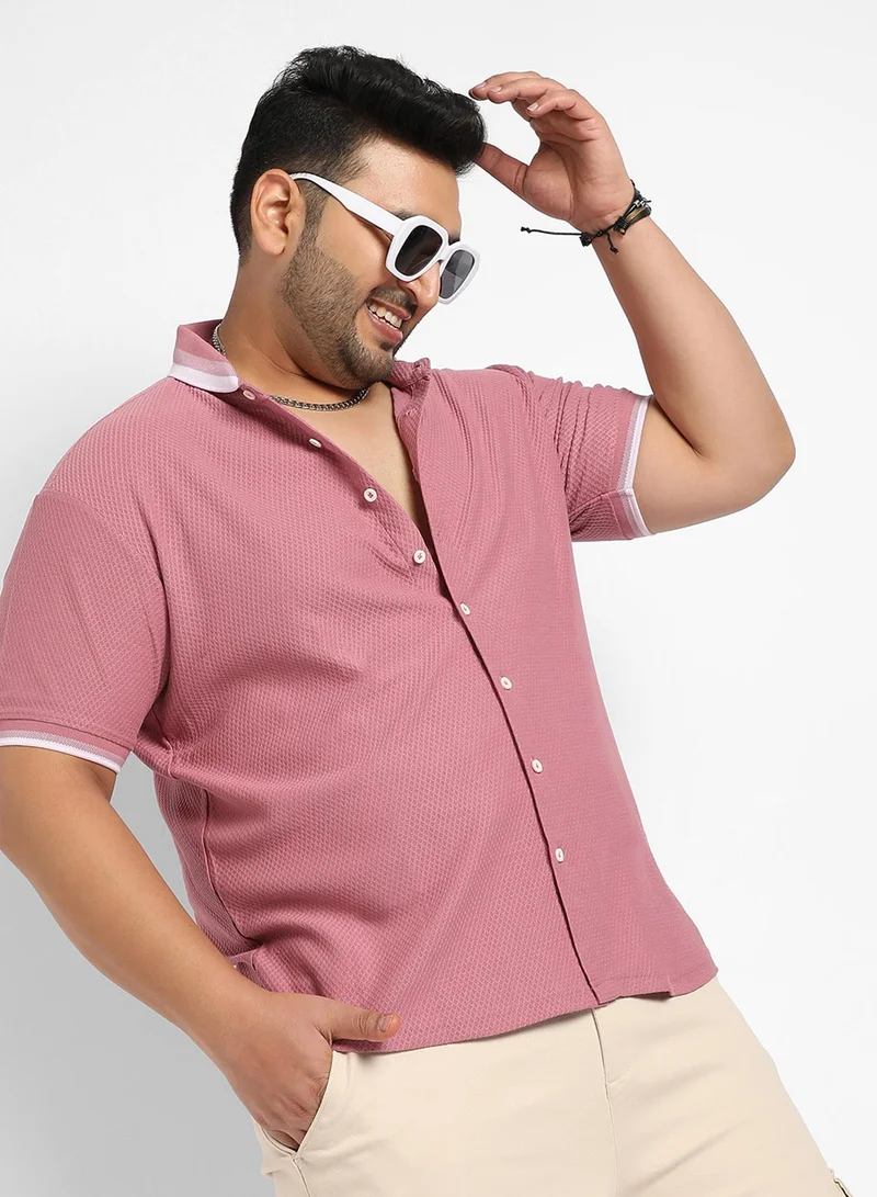 Instafab Plus Instafab Plus Men's Coral Pink Honeycomb Knit Shirt For Casual Wear | Spread Collar | Short Sleeve | Button Closure | Cotton Shirt Crafted With Comfort Fit For Everyday Wear