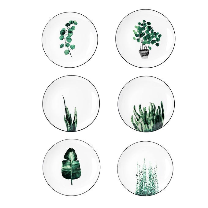 8 INCH SET OF 6 ASSORTED DESIGNS PORCELAIN PLATES WITH PLANTS PATTERN WHITE CERAMIC DINNERWARE FOR STEAK LUNCHEON SALAD DESSERT SERVING BREAD MICROWAVE OVEN DISHWASHER SAFE