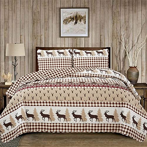 Market & Place 3 Piece Reversible Quilt Set with Shams | All-Season Soft & Lightweight Bedspread | Rustic Lodge Cabin Printed Plaid Design | Cedar Creek Collection (Full/Queen, Red/Taupe) - Image 1