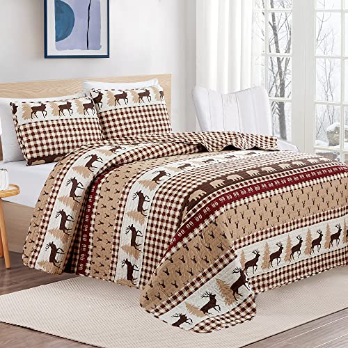 Market & Place 3 Piece Reversible Quilt Set with Shams | All-Season Soft & Lightweight Bedspread | Rustic Lodge Cabin Printed Plaid Design | Cedar Creek Collection (Full/Queen, Red/Taupe) - Image 2