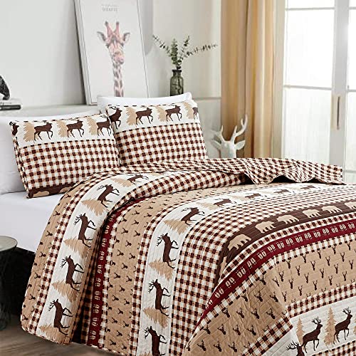Market & Place 3 Piece Reversible Quilt Set with Shams | All-Season Soft & Lightweight Bedspread | Rustic Lodge Cabin Printed Plaid Design | Cedar Creek Collection (Full/Queen, Red/Taupe) - Image 4