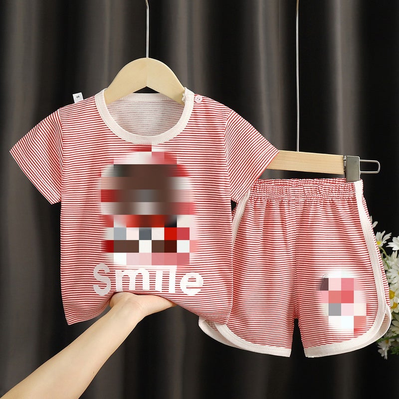 2023 Kids Summer Thin Short Sleeve Set Striped-Red Bear 