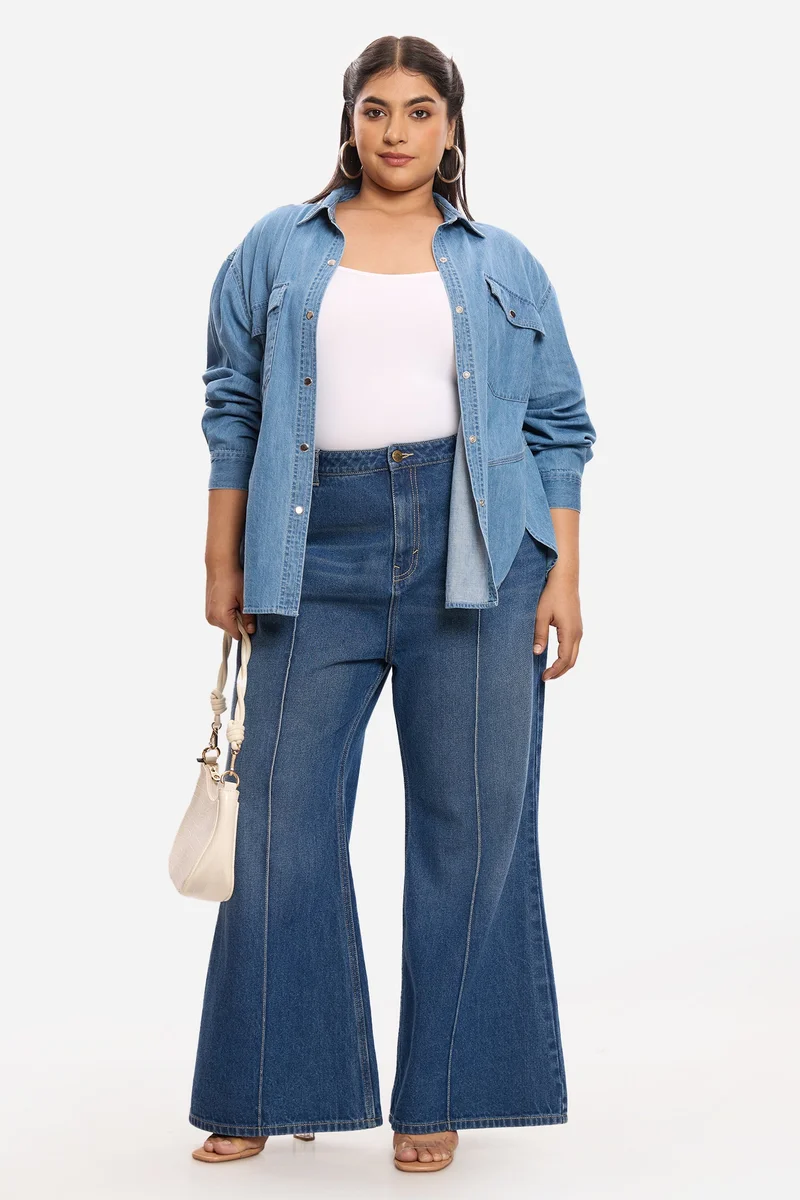 Virgio Solid Cotton Denim Plus Size Shirt With Slit Design for Women