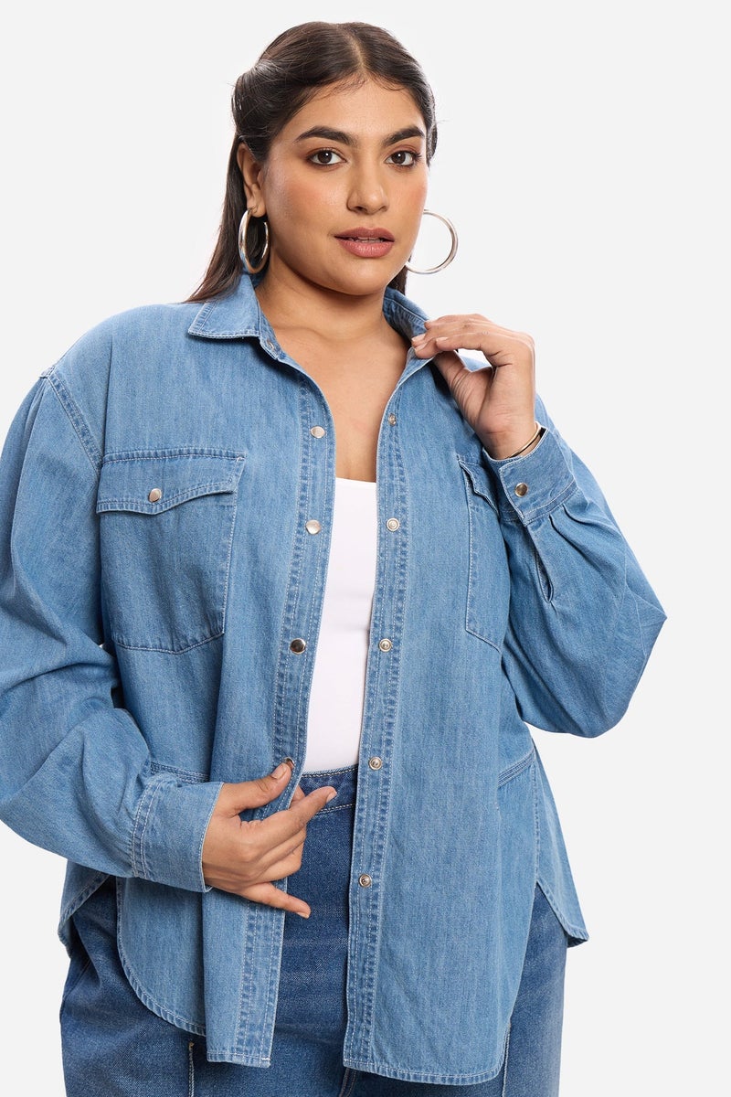 Virgio Solid Cotton Denim Plus Size Shirt With Slit Design for Women - Image 4