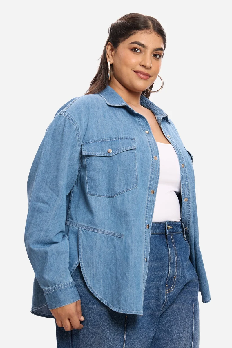 Virgio  Solid Cotton Denim Plus Size Shirt With Slit Design for Women for Women | Best Price UAE