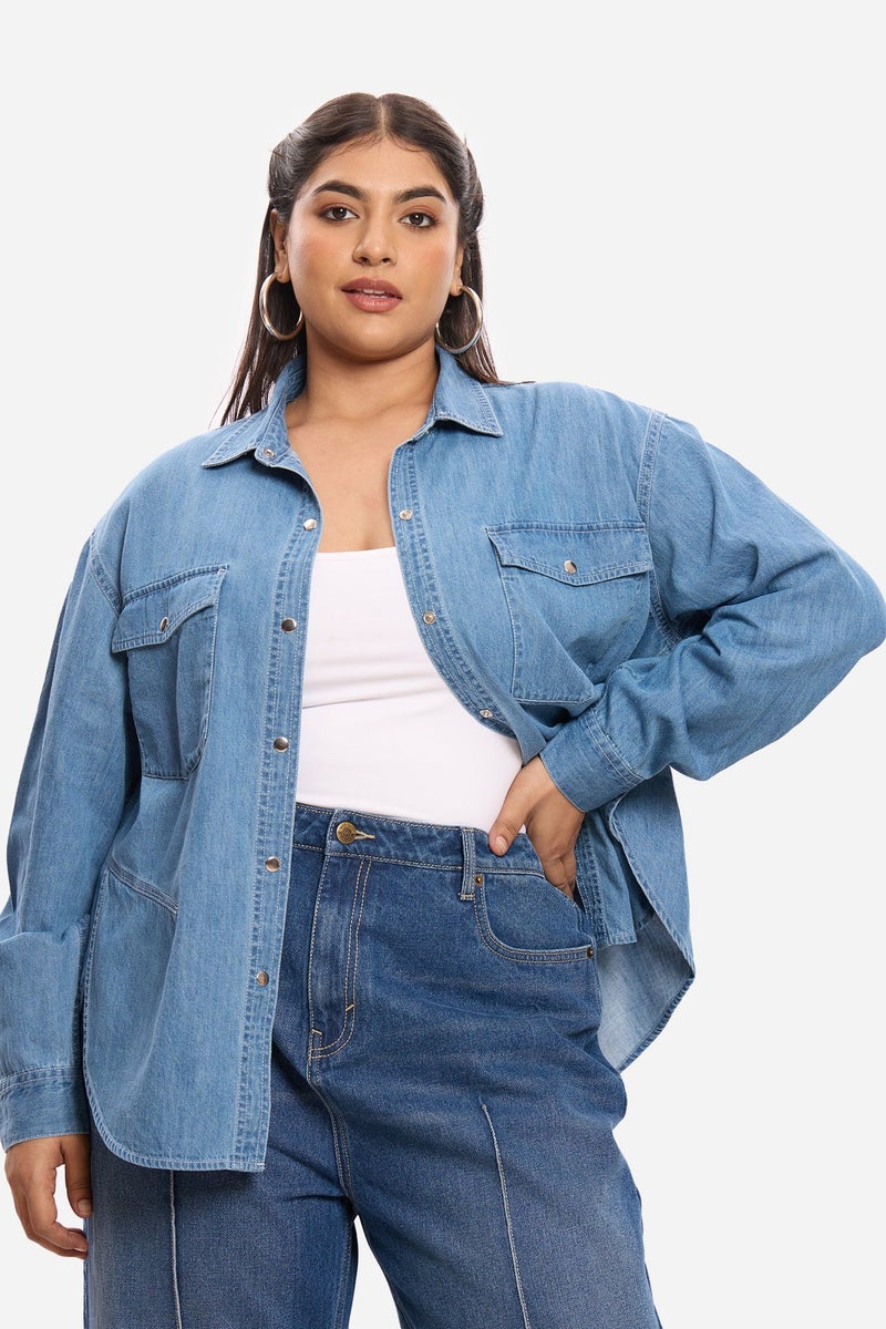 Virgio Solid Cotton Denim Plus Size Shirt With Slit Design for Women - Image 1