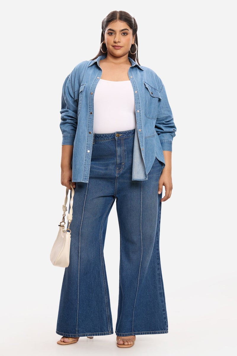 Virgio Solid Cotton Denim Plus Size Shirt With Slit Design for Women - Image 2
